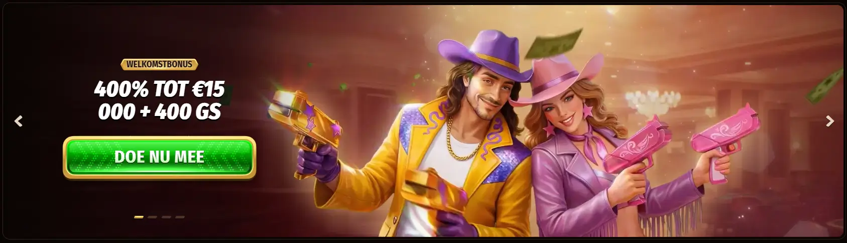 West Ace Casino – welkomstbonus banner Twee cowboy-stijl personages in geel en roze outfits met speelgoedpistolen, naast de tekst 'Welkomstbonus 400% tot €15.000 + 400 GS' en een groene 'Doe Nu Mee'-knop