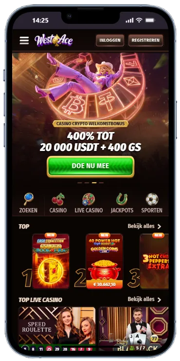 West Ace Casino – mobiele homepage West Ace mobiele homepage op een iPhone met een crypto-welkomstbonus van 400% tot 20.000 USDT + 400 GS, navigatiemenu met Casino, Live Casino, Jackpots en Sporten, en een rij populaire gokkasten