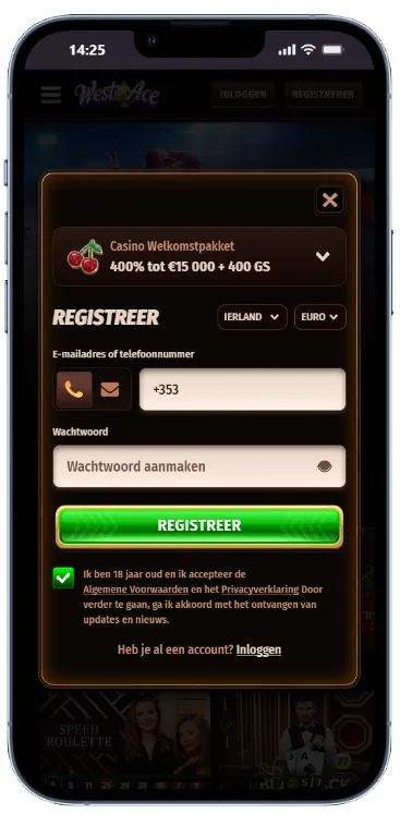 West Ace Casino – registratiescherm West Ace registratieformulier op mobiel met velden voor e-mailadres of telefoonnummer, wachtwoord, een 'Registreer'-knop en een vermelding van het welkomstpakket van 400% tot €15.000 + 400 GS