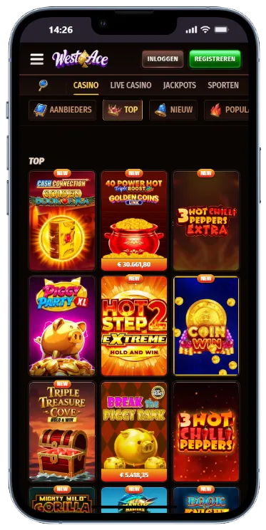 West Ace Casino – spellenbibliotheek West Ace casinospellenbibliotheek op mobiel met een 3x3-raster van populaire gokkasten waaronder Golden Book of Ra, Golden Coins Link en 3 Hot Chilli Peppers Extra, gecategoriseerd onder het tabblad 'Top'