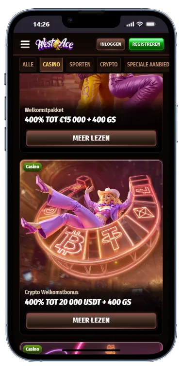 West Ace Casino – bonusoverzicht West Ace bonuspagina op mobiel met twee aanbiedingen: een casino welkomstpakket van 400% tot €15.000 + 400 GS en een crypto welkomstbonus van 400% tot 20.000 USDT + 400 GS, elk met een 'Meer Lezen'-knop